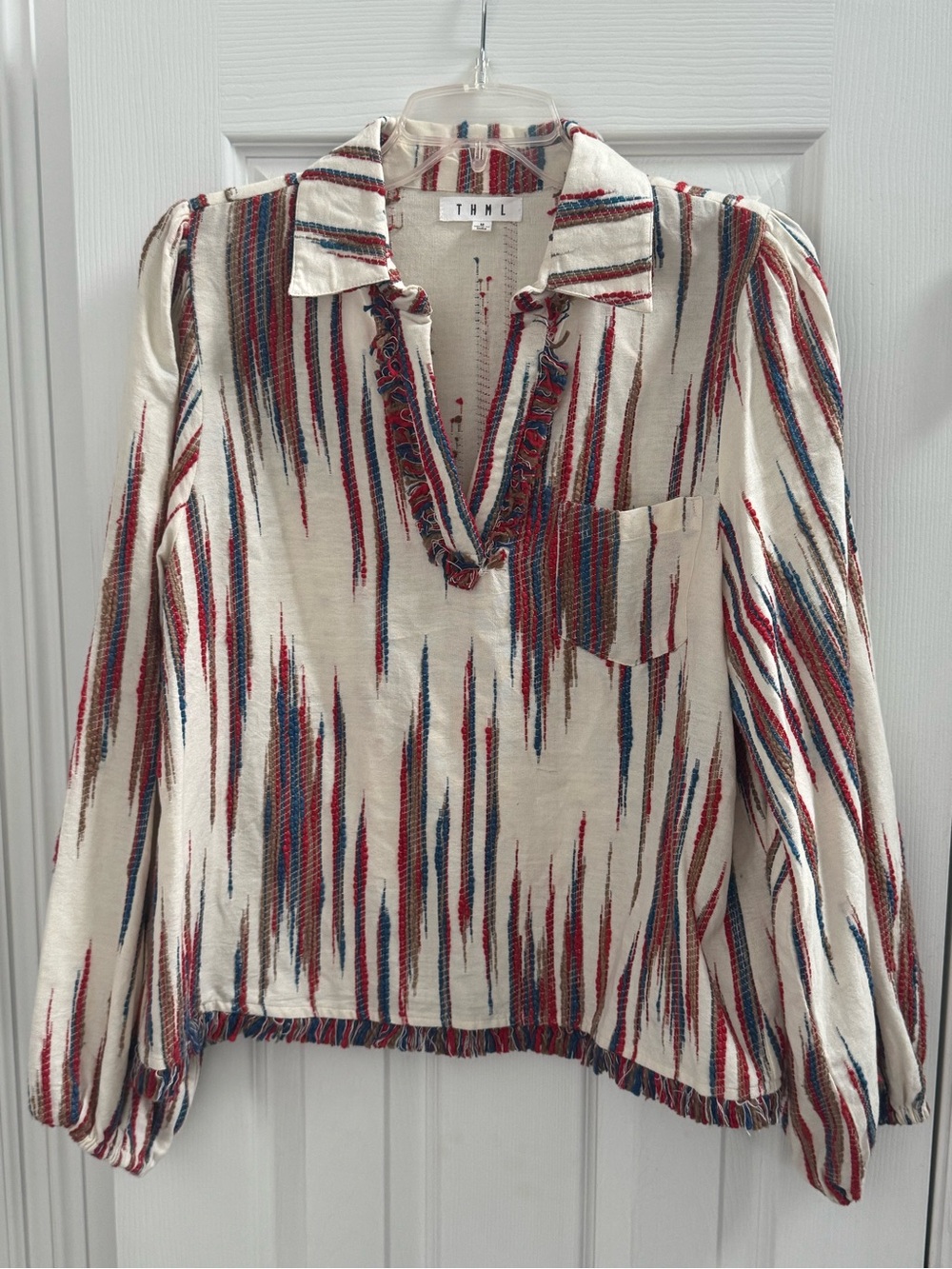 THML Cream Striped Collared V-Neck Long Sleeve Tunic